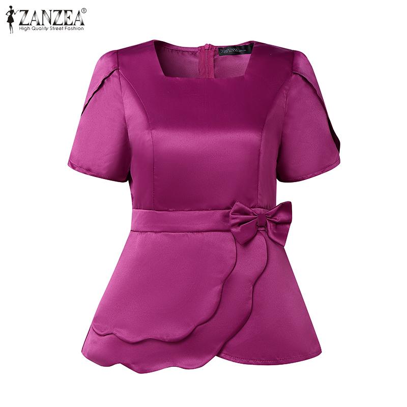 ZANZEA Women Square Collar Summer Short Sleeve Satin Blouse
