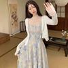 French blue oil painting long dress women's summer seaside vacation beach dress large swing dress waist floral suspender dress