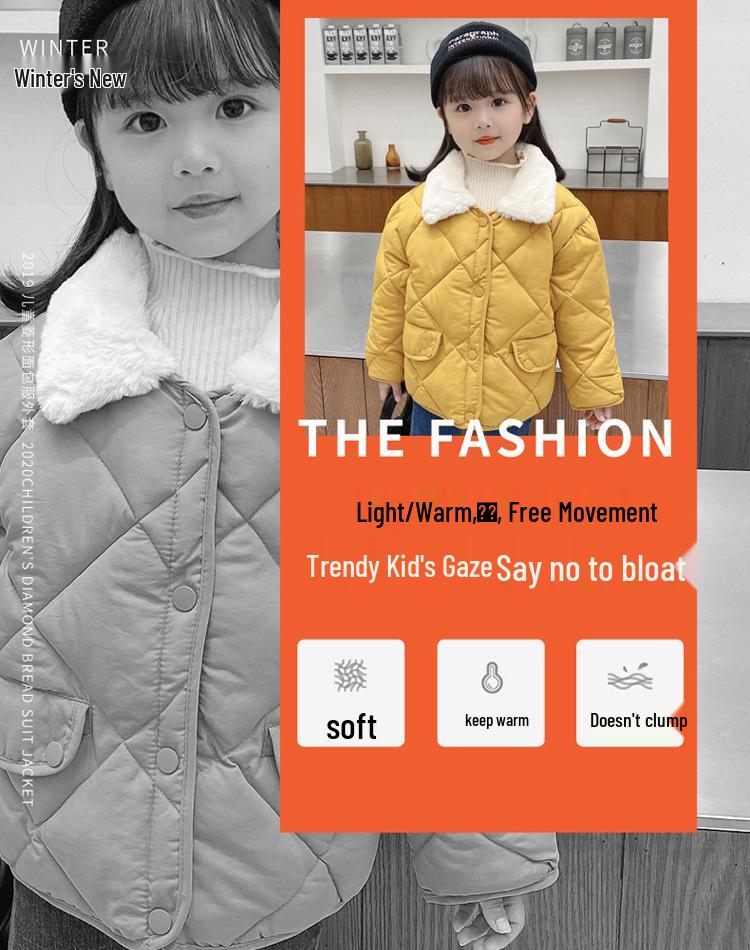 Korean Style Kids' Quilted Fur Collar Jacket - Warm, Thick, Loose Fit for Boys & Girls, Autumn Winter.