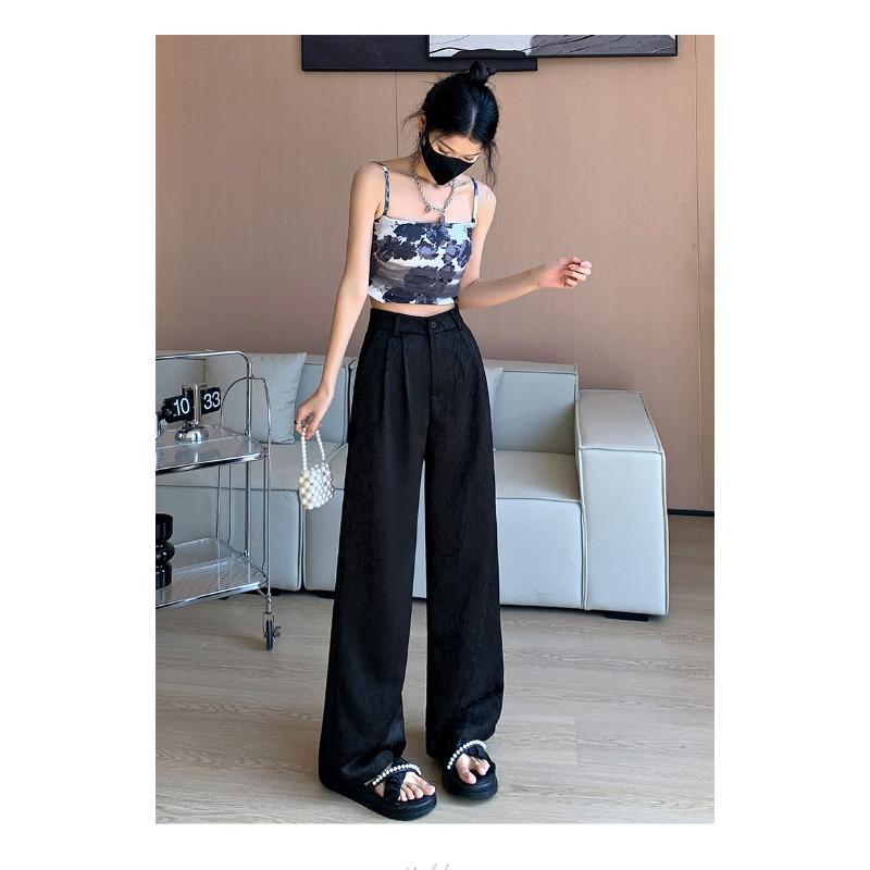 

Новые узкие широкие брюки в китайском стиле для женщин на осень, облегающие повседневные прямые брюки с высокой талией, рельефные атласные костюмные брюки 2XL