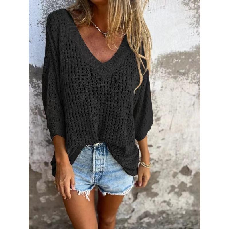 Loose Fit V Neck 3 4 Sleeve Hollow Design Knit Sweater