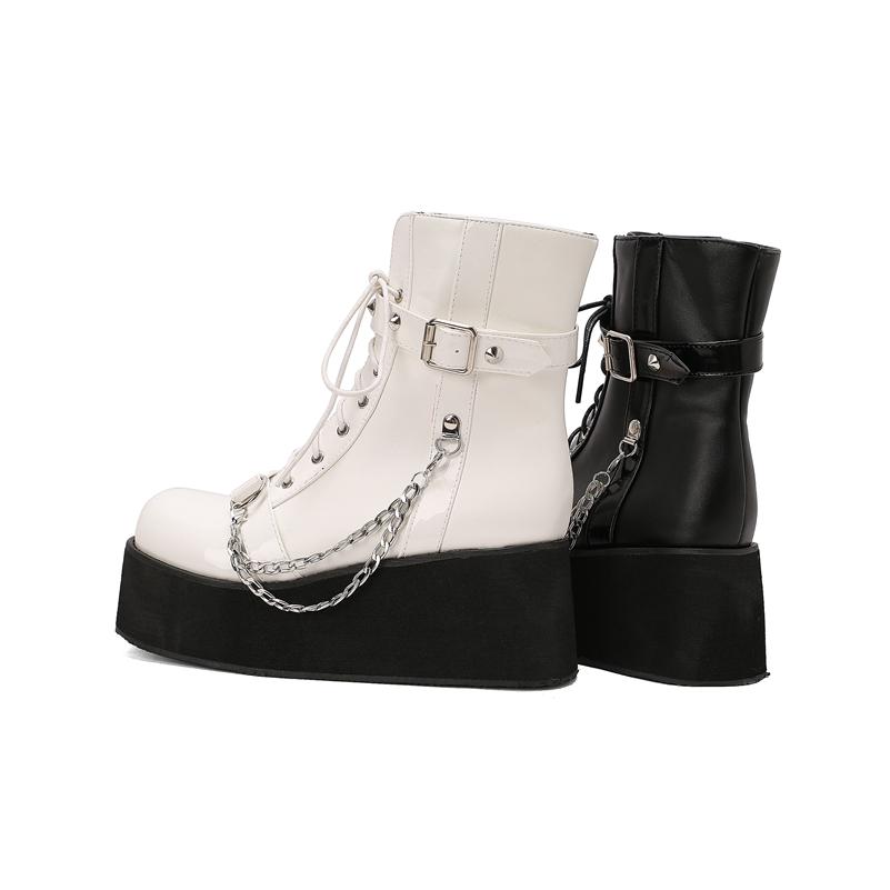 Women Ankle Boots Round Toe Wedge High Heels Rivets Chain Zipper Lace-up Short Boots Ladies Fashion Shoes Autumn Winter 46