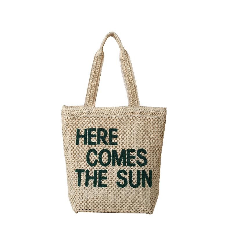 

2025 Summer New Hot Letter Straw Woven Shoulder Bags Solid Zipper Hollow Out Large Capacity High Quality Tote Bags for Women бежевый
