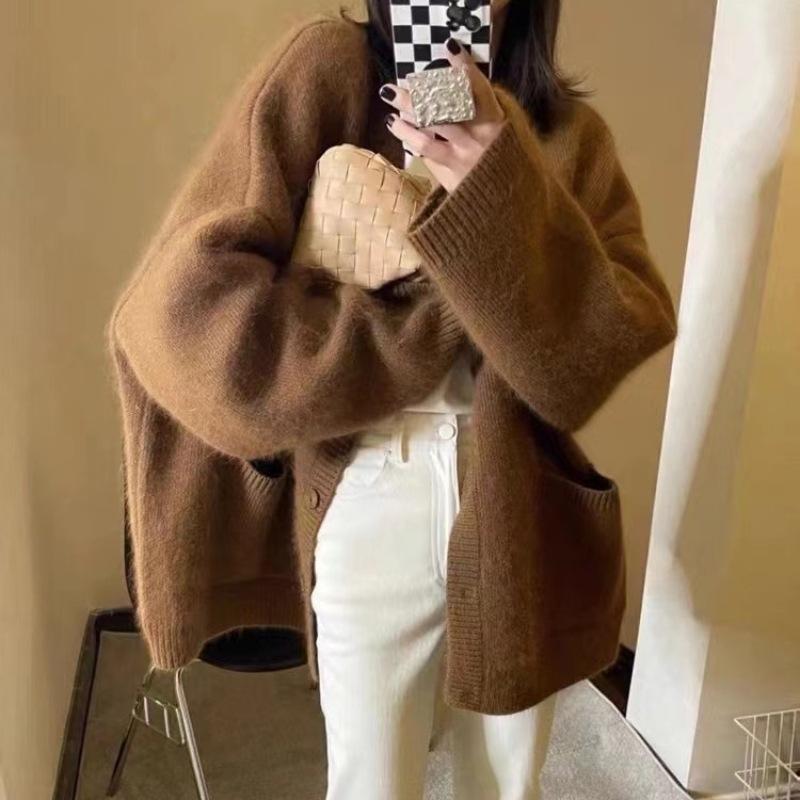 Autumn and Winter Women's Sweater Solid Color Lazy Wind Loose Knit Long-sleeved Cardigan Jacket