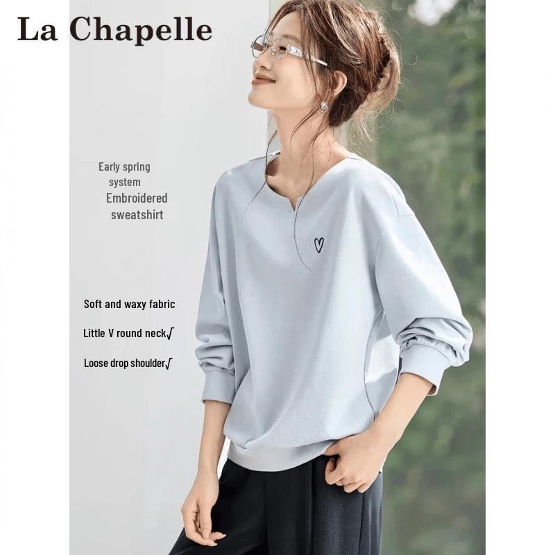 La Chapelle Women s V-Neck Heart Embroidered Cotton Sweatshirt XL