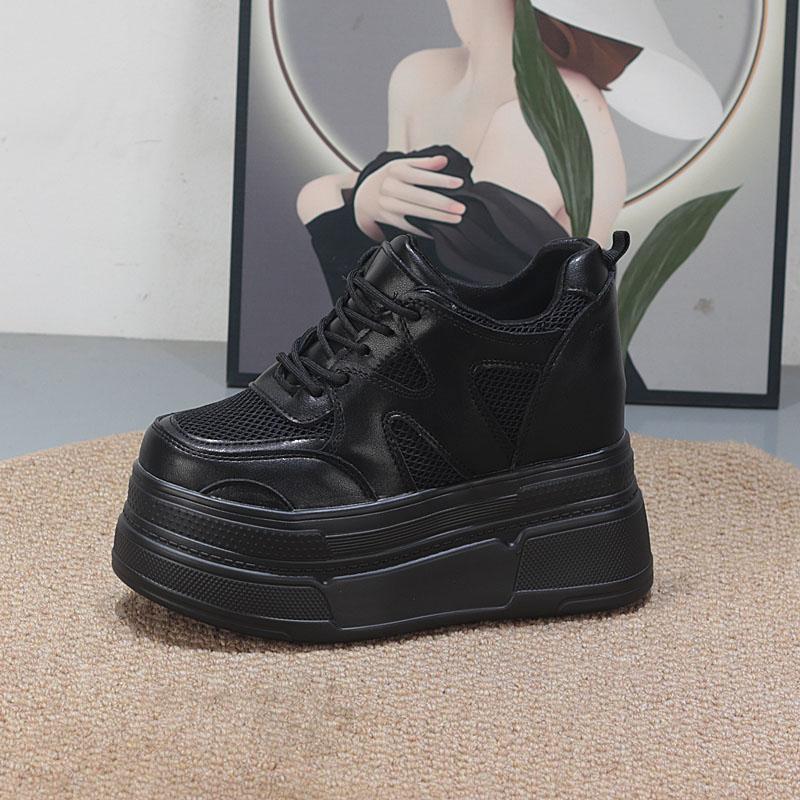 

Модные 10 см Туфли из натуральной кожи с сеткой, на платформе, танкетке, для скейтбординга, брендовые, на высоком каблуке, повседневные, женские, вулканизированные, летние 34 чёрный