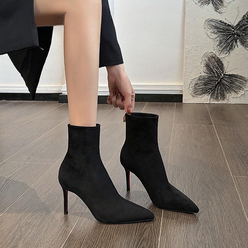 Short Boots Women's Autumn and Winter 2025 New Black Suede Thin Boots Pointed Sexy Red Sole High Heels Winter Boots