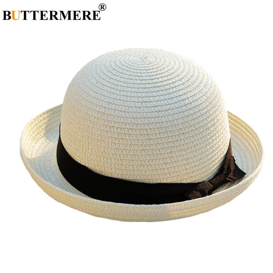 

BUTTERMERE Summer Straw Hat White Sun Hats Women Bowler Hat Beach Bowknot Travel Casual Female Boater Hat Ladies Cap Woman 56-58 cm