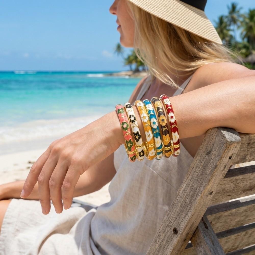 Enamel Colorful Flower Bangle Traditional Women's Hand Bracelet Gifts for Women Girl