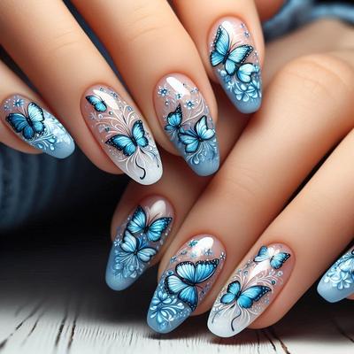 24pcs Press-On Nail Set, Romantic Butterfly Design, 3D Fashion Nail Art,Glossy Finish, Almond Shape