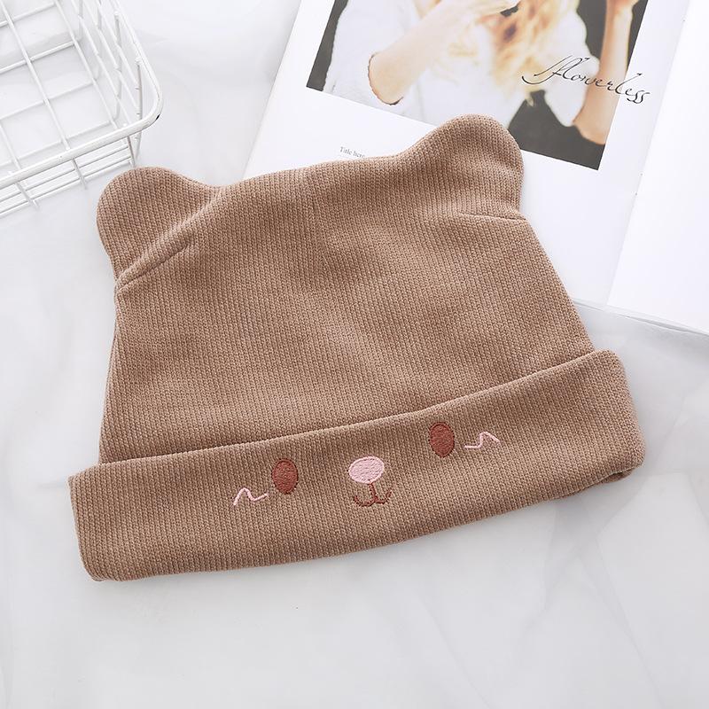 Cartoon Stack Hat Female Autumn and Winter New Pullover Hat Bear Embroidery Cute Thermal Ear Hat Student with Ears