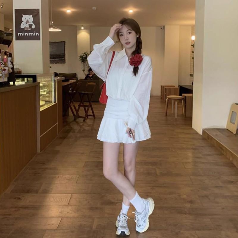 French white shirt dress women s early autumn new temperament high-end waist ruffle edge short skirt S белый