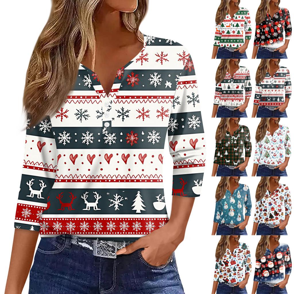 Women's T Shirt Tee Christmas Printed Button 3/4 Sleeve Tunic Daily Weekend Fashion Basic V- Neck Regular Top