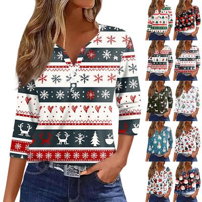 Women's T Shirt Tee Christmas Printed Button 3/4 Sleeve Tunic Daily Weekend Fashion Basic V- Neck Regular Top