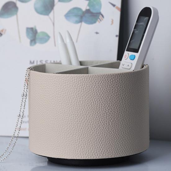 Rotating Pencil Holder Round Pen Organizer Slots Multifunctional Desk with 4 Faux Leather Accessories Organizer