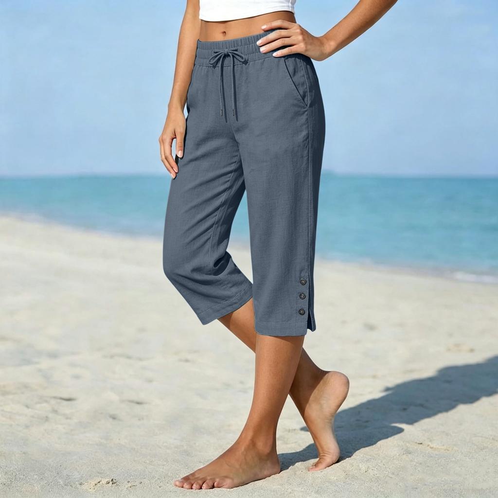 Women's Casual Cotton Linen Pants Straight Leg Loose Fit with Pockets Side Slit Button Front