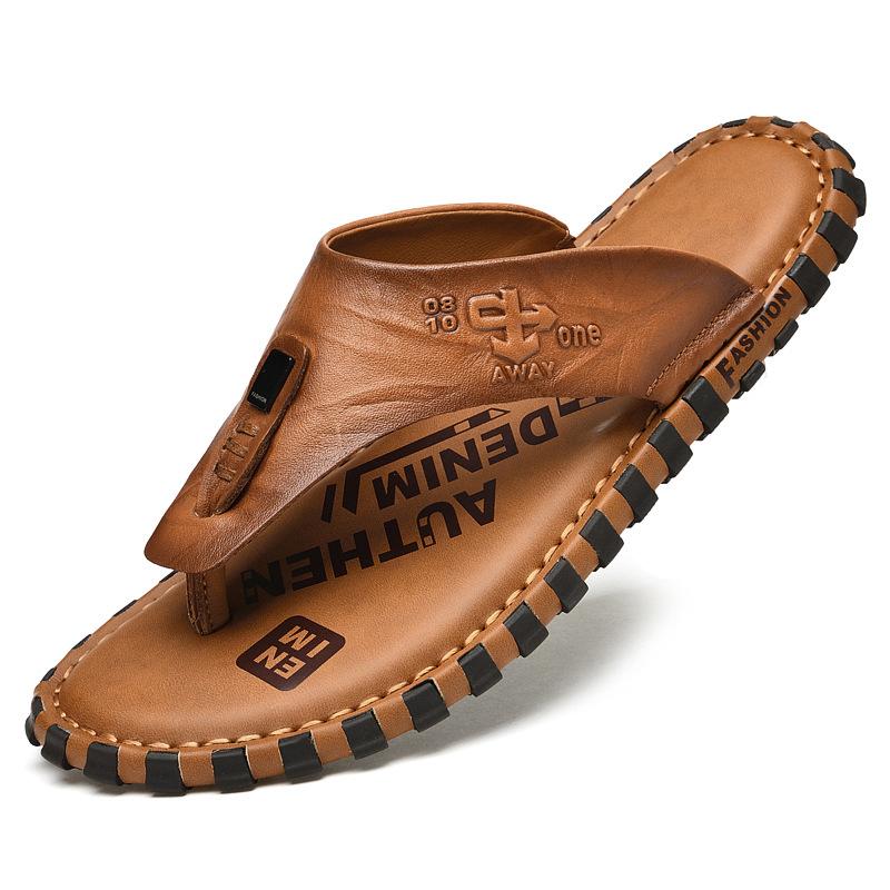 

Men s sandals first layer cowhide 2025 summer new fashion outdoor beach shoes toe flip-flops men s slippers 44 светло-коричневого