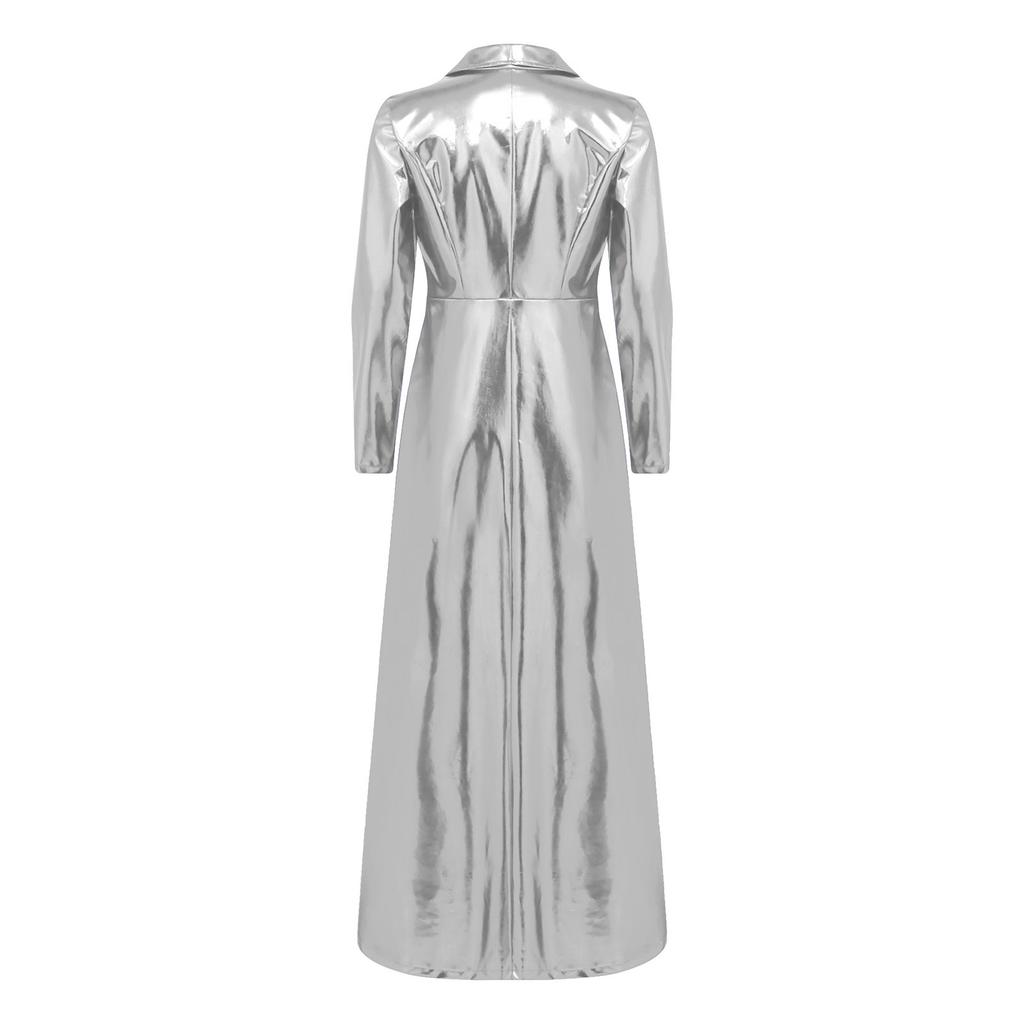 Men Ankle Length Metallic Trench Coat with Turn-down Collar Long Sleeve One Button Closure Jacket for Daily Casual Club Party