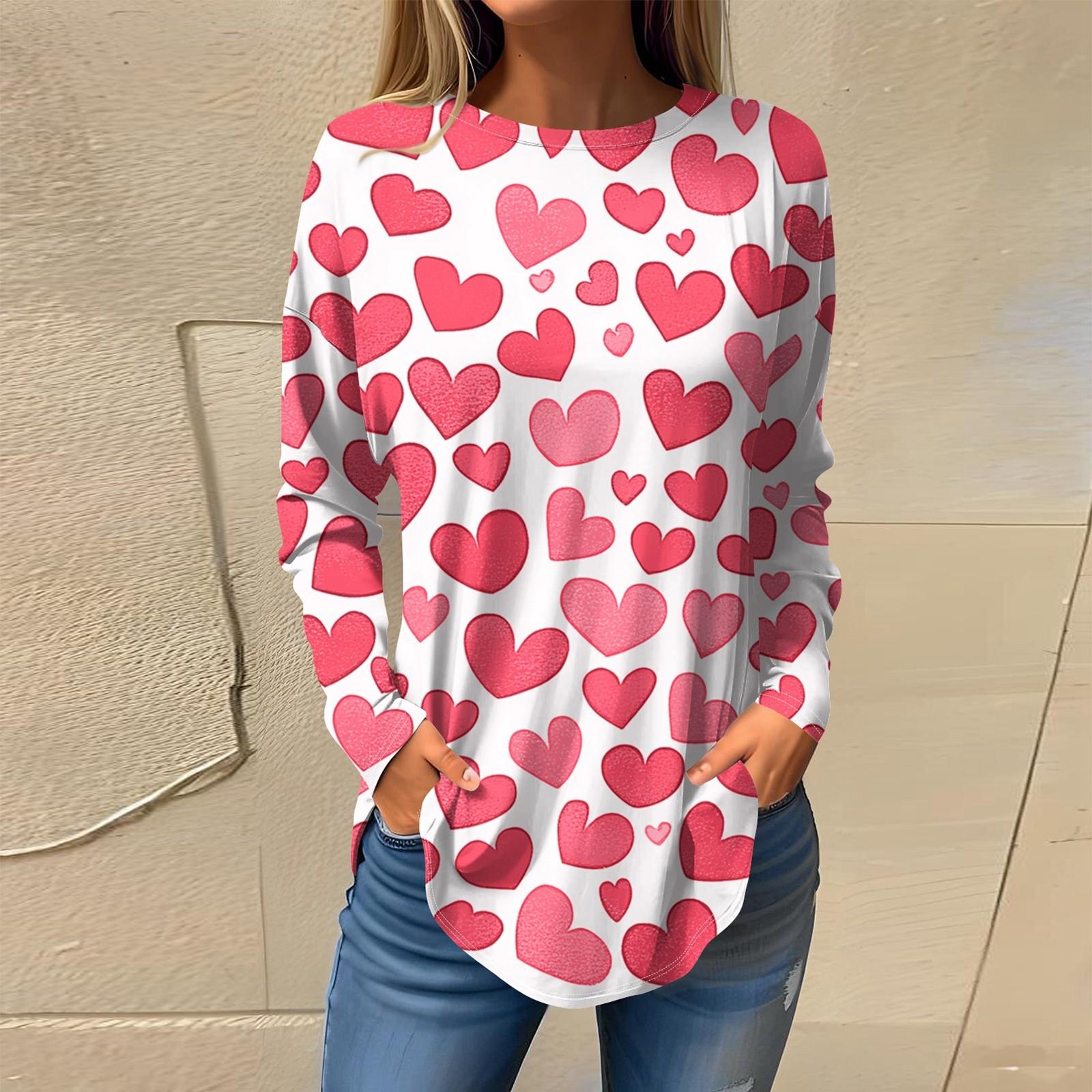 

Жіночі футболки для осені Повсякденні сорочки з довгими рукавами Світшоти Вінтажний топ з графічним принтом Пуловер День Святого Валентина XL Кіновар