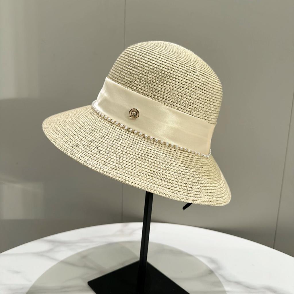 Small Fragrant Straw Hat Elegant Women'S M Standard Pearl Dome Top Hat French Light Cooked Bucket Hat Sun Protection Wide Brim Straw Hat