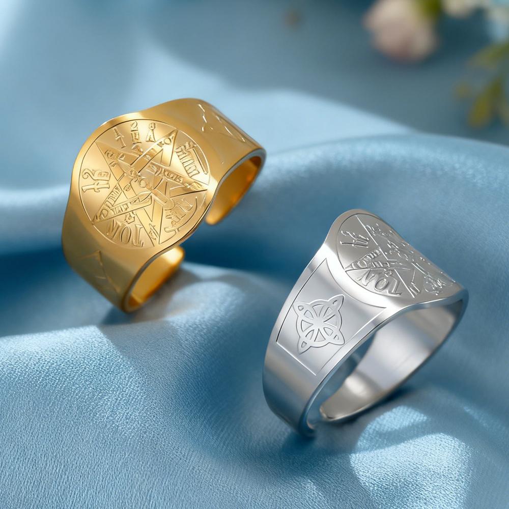 Dawapara Witch Knot and Tetragrammaton Pentagram Ring Double Protection Symbol Adjustable Ring Stainless Steel Wiccan Jewelry