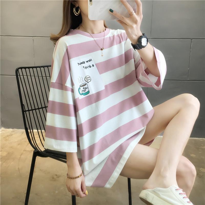 

Summer Women Half Sleeve Tops Tees INS Casual Loose Striped Crop T-shirt O-neck Cotton Ladies Pullover T-shirts XXL рожевий