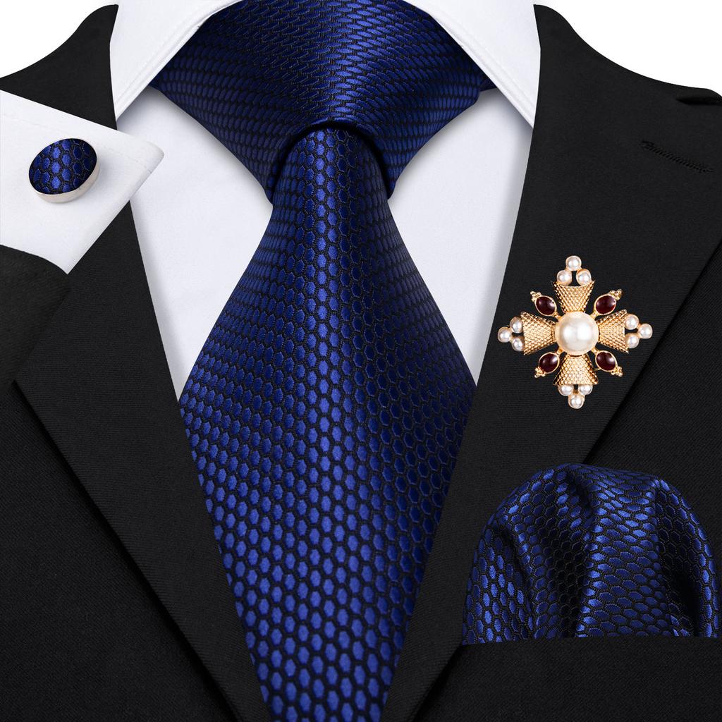 Pearl Brooch with Silk Tie for Men Vintage Floral Teal Necktie Hanky Cufflinks Gift Formal Set