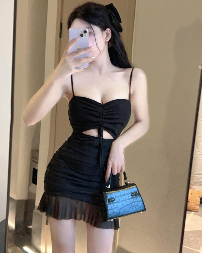 Pure Desire Style Sexy Mesh Splicing Temperament Suspender Dress Women's Waist and Thin Small Black Dress Drawstring Hip-wrapped Short Skirt