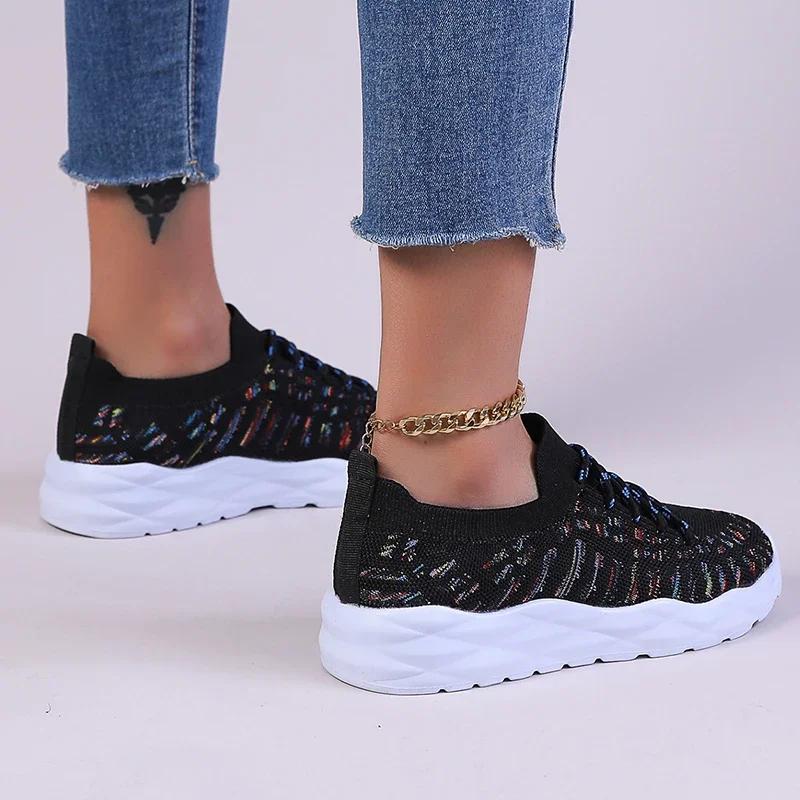 Fashion Mixed Color Knitted Platform Sneakers Women Spring Summer Casual Thick Sole Sports Shoes Woman Lace Up Non Slip Walking Shoes