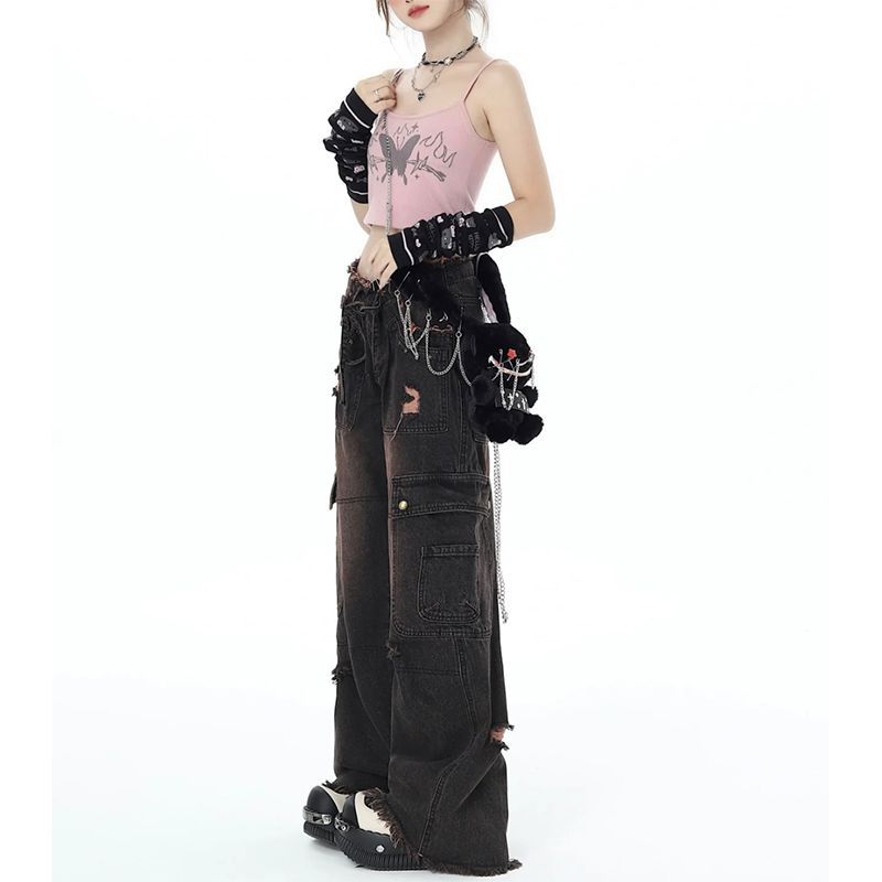 Y2K Vintage Hög midja Harajuku Lös Jeans Byxor Koreansk Mode Dam Grunge Vida Ben Oversized Denim Byxor Kvinnokläder