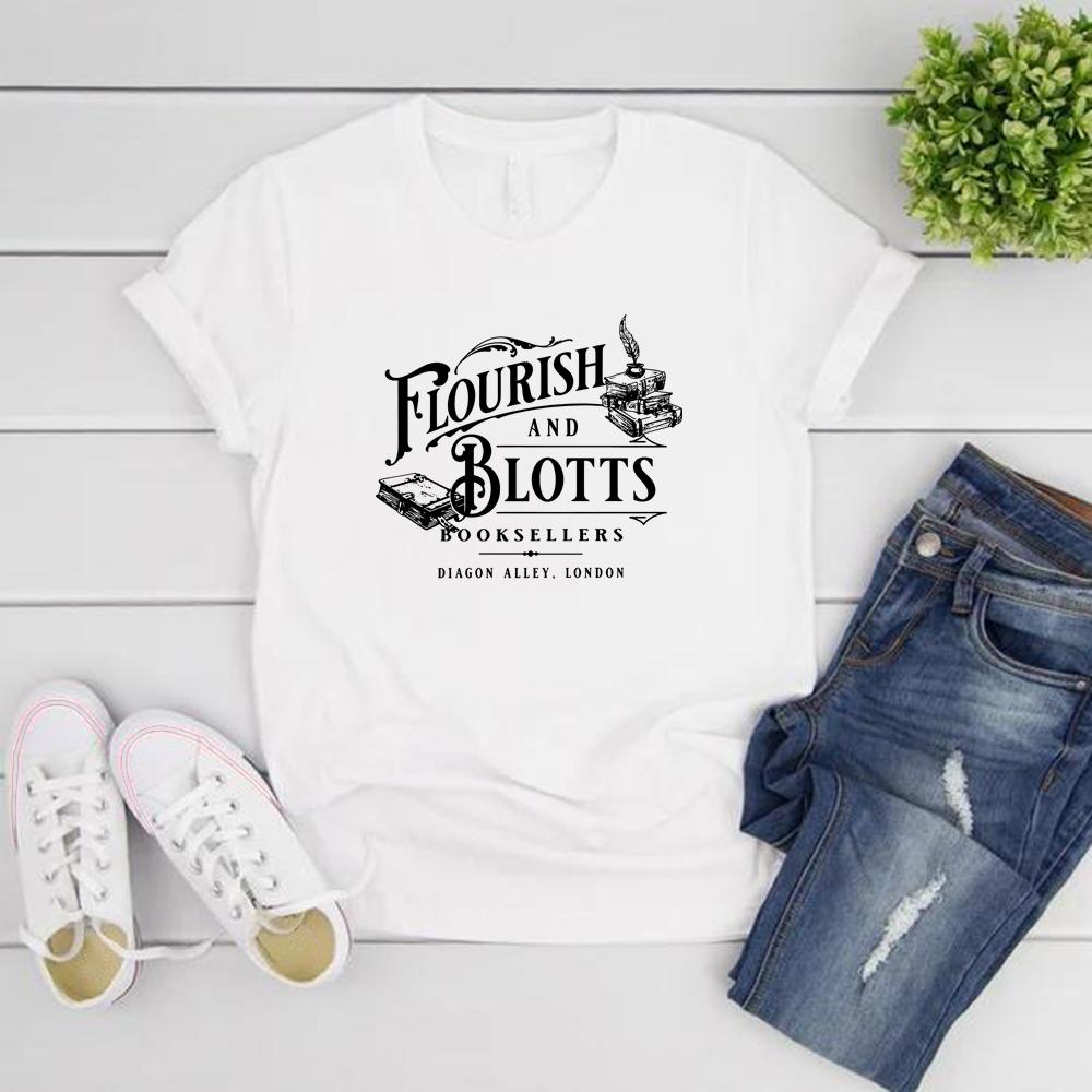 Flourish and Blotts Maglietta Negozio di Libri Magici Magia T-shirt Magiche Scuola di Magia T-shirt Mondo Magico T-shirt Grafiche