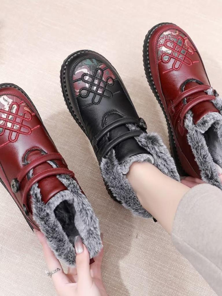 Ethnic Style Ankle Elderly Cotton Boots Winter New Women Waterproof Non Slip Round Toe Plush Keep Warm Flat Sole Cotton Shoes