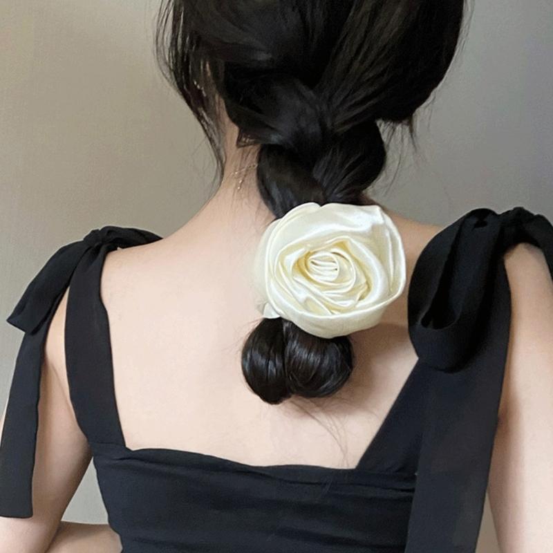 Korean Women Rose Elastic Hair Bands Hair Scrunchies Big Flower Satin Hair Rope Charm Horsetail Gentle Hair Accessories