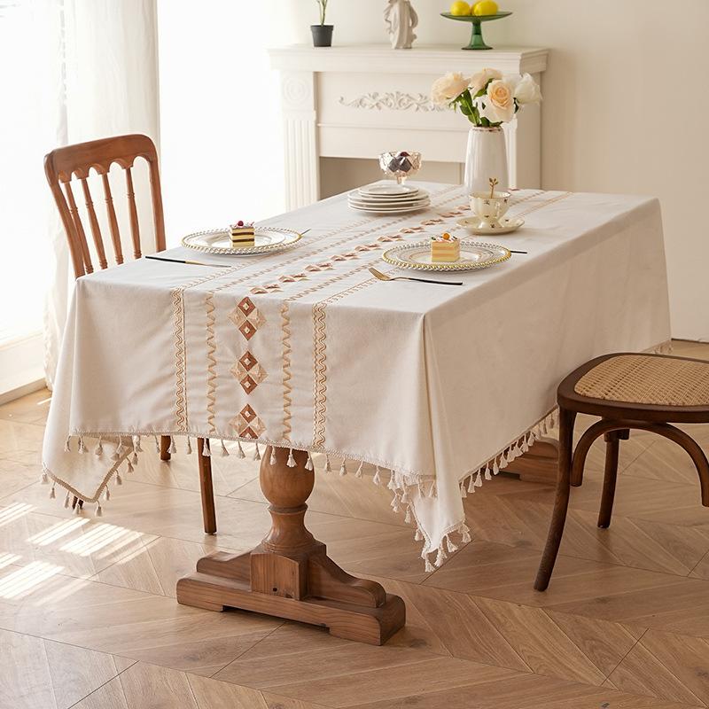 Amazon Popular Japanese-Style Striped Linen Tablecloth Tables And Chairs Simple Plain Tassel Atmosphere Decorative Cloth Dining Table