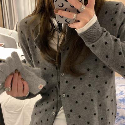 Polka Dot-Strickjacke für Damen im Frühjahr und Herbst, neuer Stil, mehrlagiges Design, vielseitiges, schlankmachendes Langarmoberteil