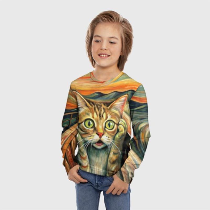 Children's Cartoon Cute Kitten Print T-shirt Boys Cute Long Sleeved Soft Comfortable Top