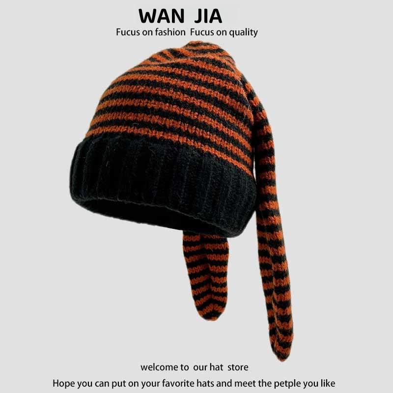 

Осенне-зимняя вязаная шапка для женщин с длинными ушками кролика, милая полосатая шерстяная шапка, теплая защита ушей, нишевая личность, теплая шапка от холода One Size