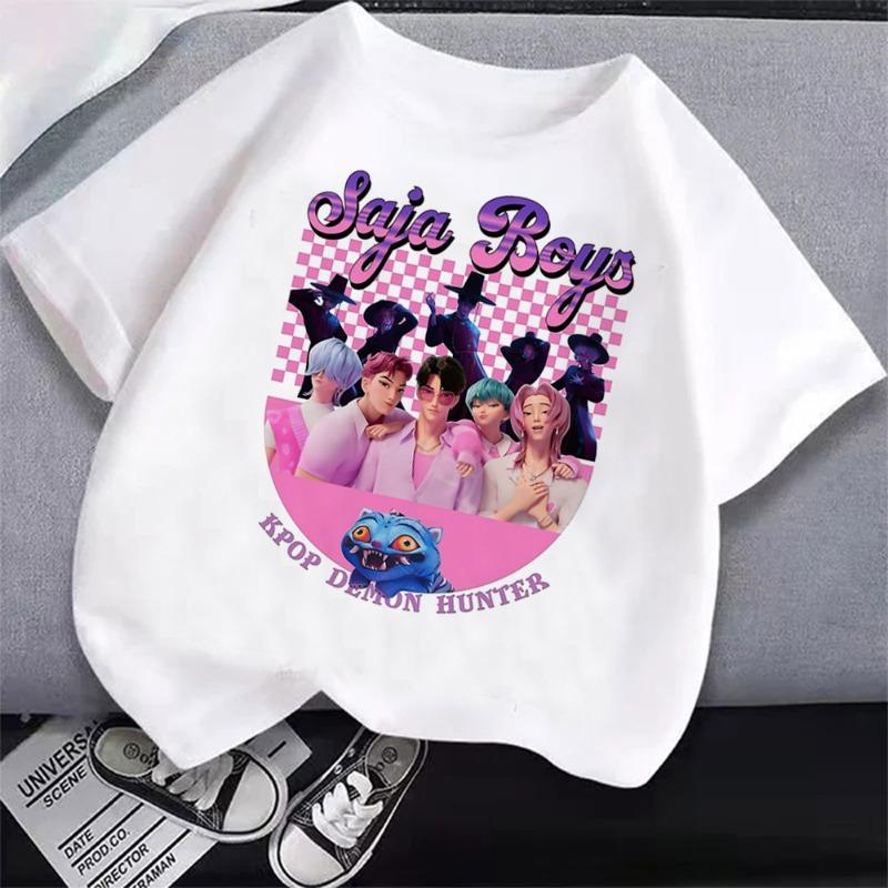 Summer Pure Cotton KPop Demon Hunters TShirt Kids Cartoon Anime Meme Print Clothes Round Neck Basic Boys Tops Casual Shirts