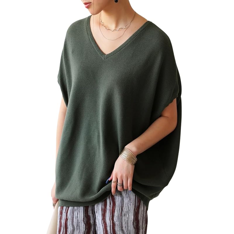 

[antiqua] [Antica] dolman knit ladies tops short sleeve Plain color NA-00479 Onesize 02 khaki