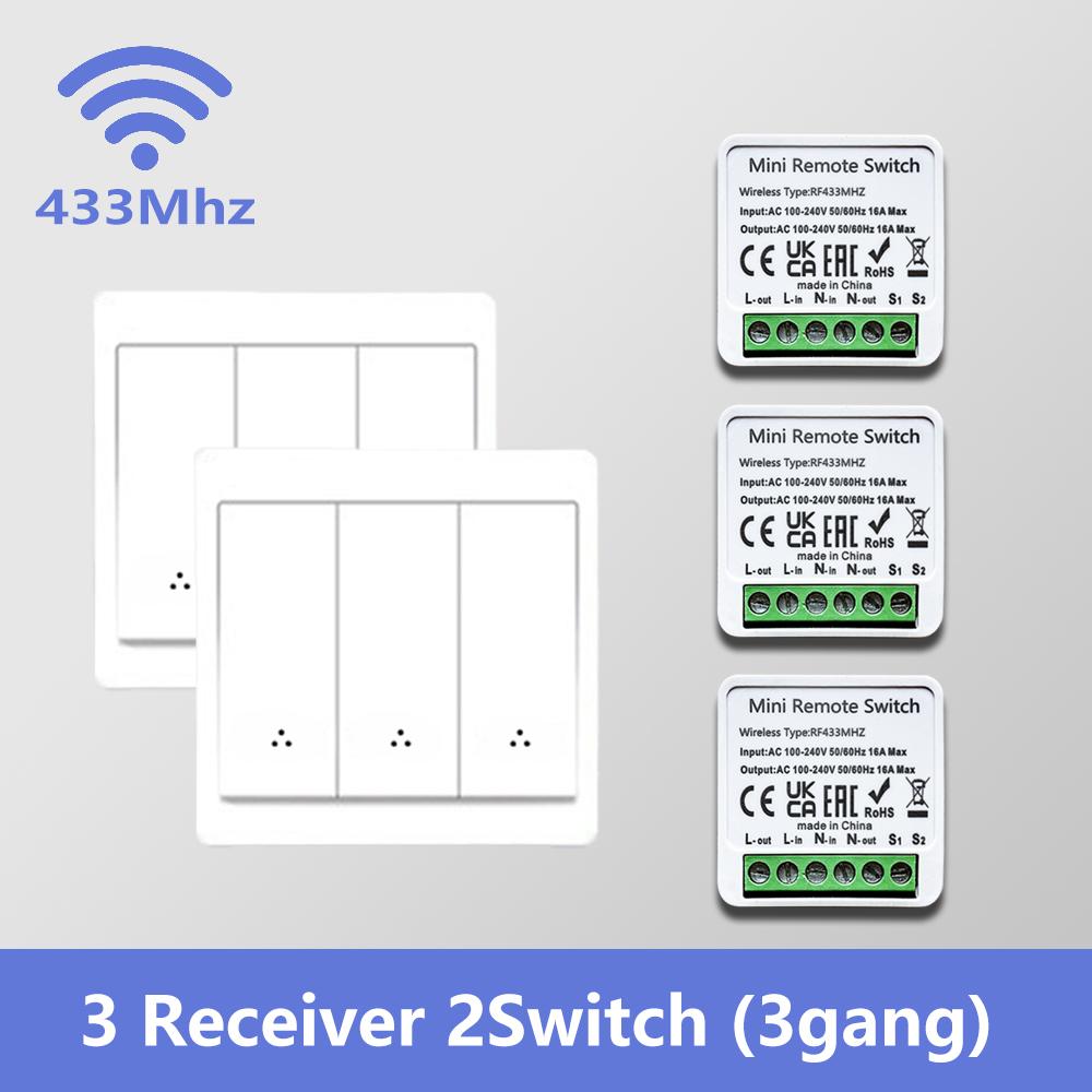 433MHz უსადენო ჭკვიანი კედლის ნათურის ჩამრთველი 1/2/3 განყოფილებიანი დისტანციური მართვის პანელი AC100–240V სტიკერის დიზაინი LED ნათურებისთვის სახლის ავტომატიზაცია