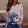 Women's Fashion Casual Slit Hem Round Neck Long Sleeve Loose Printed T-Shirt Ladies Top Christmas