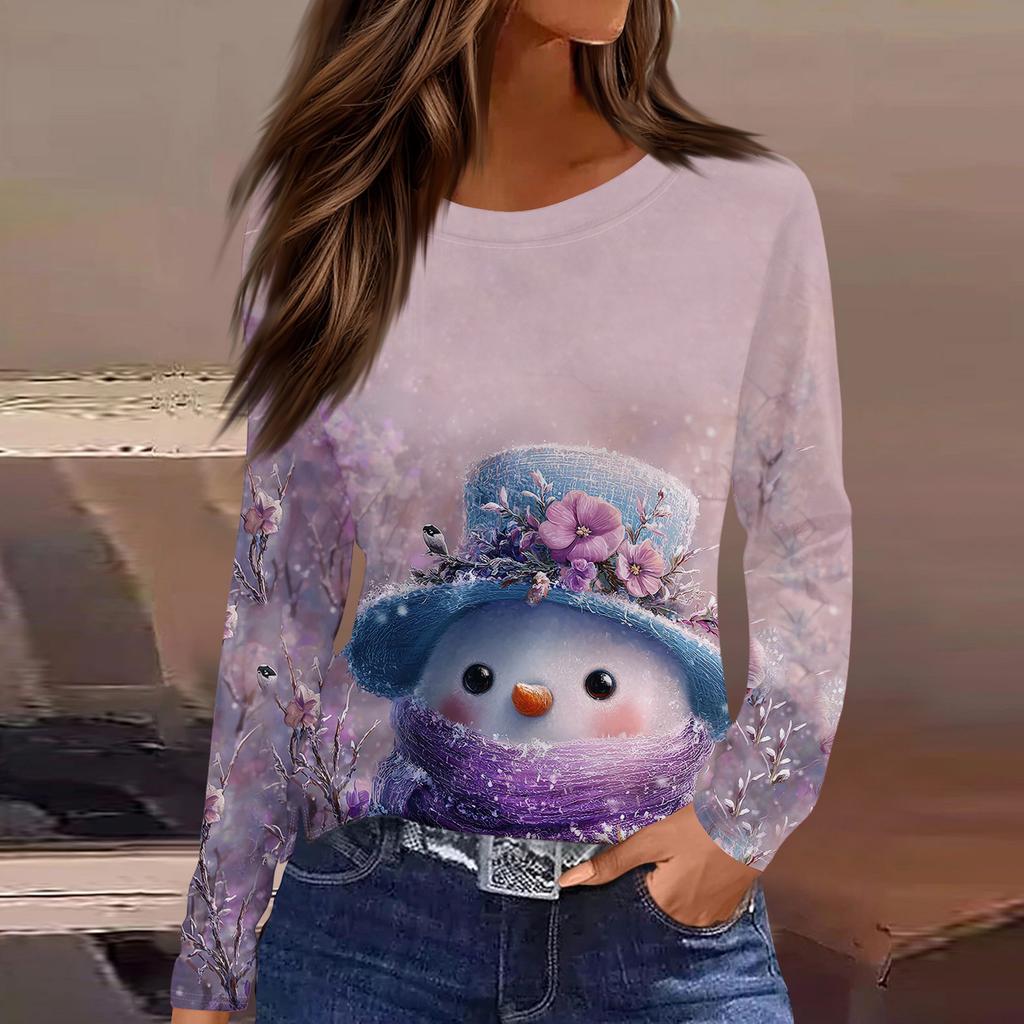 Women's Fashion Casual Slit Hem Round Neck Long Sleeve Loose Printed T-Shirt Ladies Top Christmas