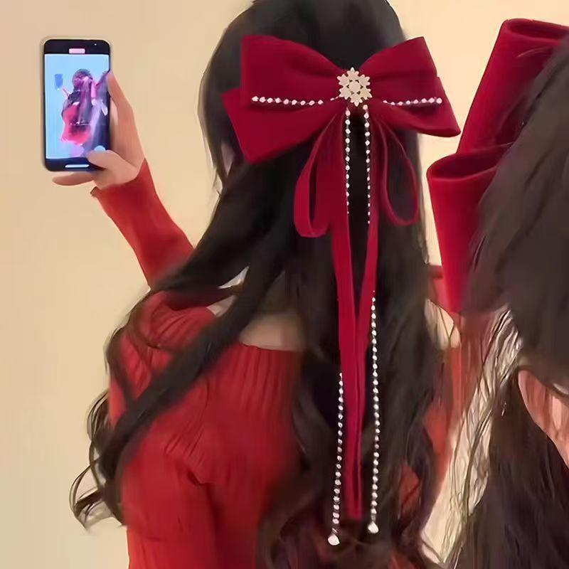 Red Velvet Snowflake Bow Hair Clip - Festive Holiday Accessory for Women