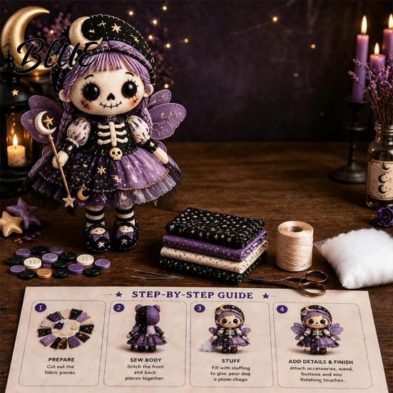 Halloween Sewing Project Skeleton Witch Patchwork Kit Gothic Girl Doll DIY Step-by-step Tutorial Kit for Adults Teens Handmade Gift Beginners