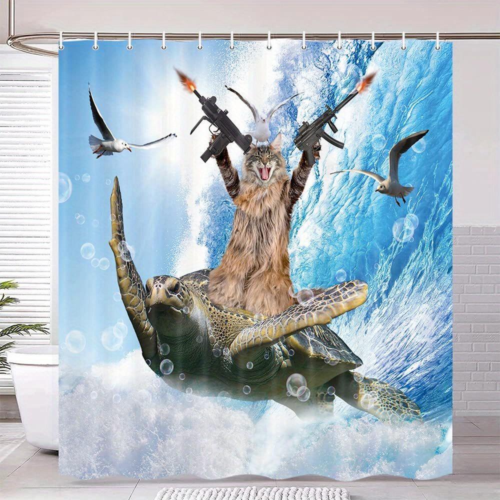 

Funny Cat on Turtle Shower Curtain - Anti-Mold, Waterproof Bathroom Decor, Unique Gift, Stylish Design, Quirky W90XH180cm