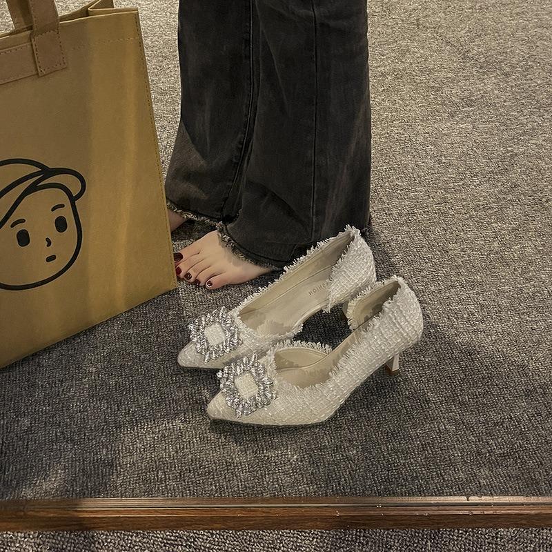 Autumn new shallow mouth pointed head thin heel sandals women's simple side empty bag head high heels temperament rhinestone sandals