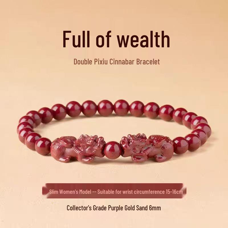 Purple Gold Sand Cinnabar Double Pixiu Wealth Bracelet - Unisex Year of Birth Red Attraction