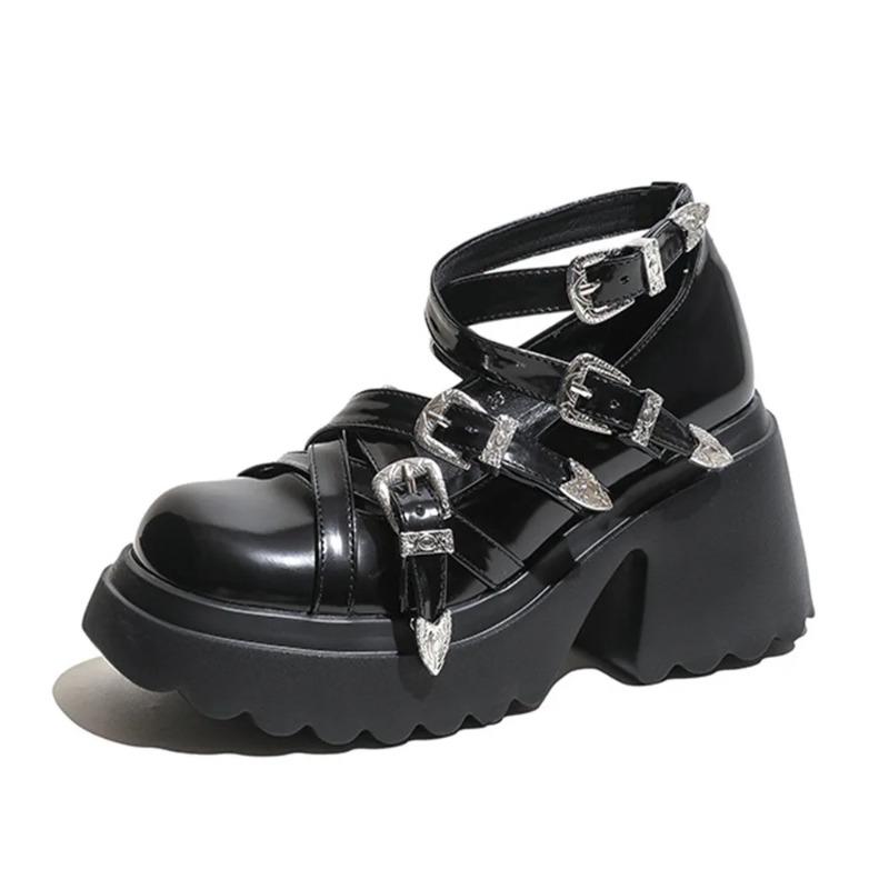 2025 Punk Women's Chunky Heels Shoes Fashion Black Gothic Buckle Belt Straps Platform Casual Pumps