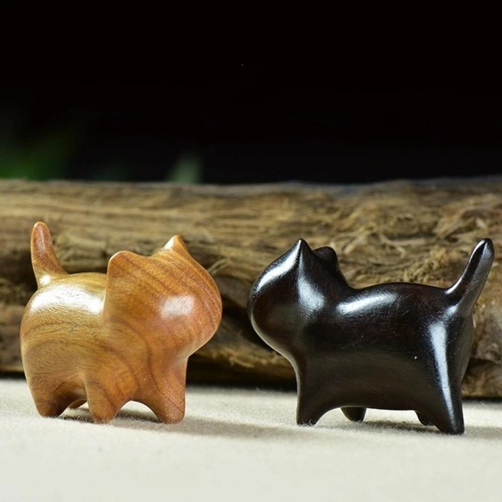 Wood Carving Cat Ornament Natural Texture Lucky Cat Ornament Wooden Cat Figurine  Bookshelf Display