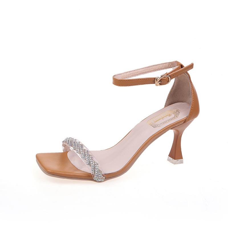 Fashion Rhinestone Sandals 2025 Summer Versatile Fashion Comfortable Roman One-word Strap Square Head Open Toe Empty High Heels